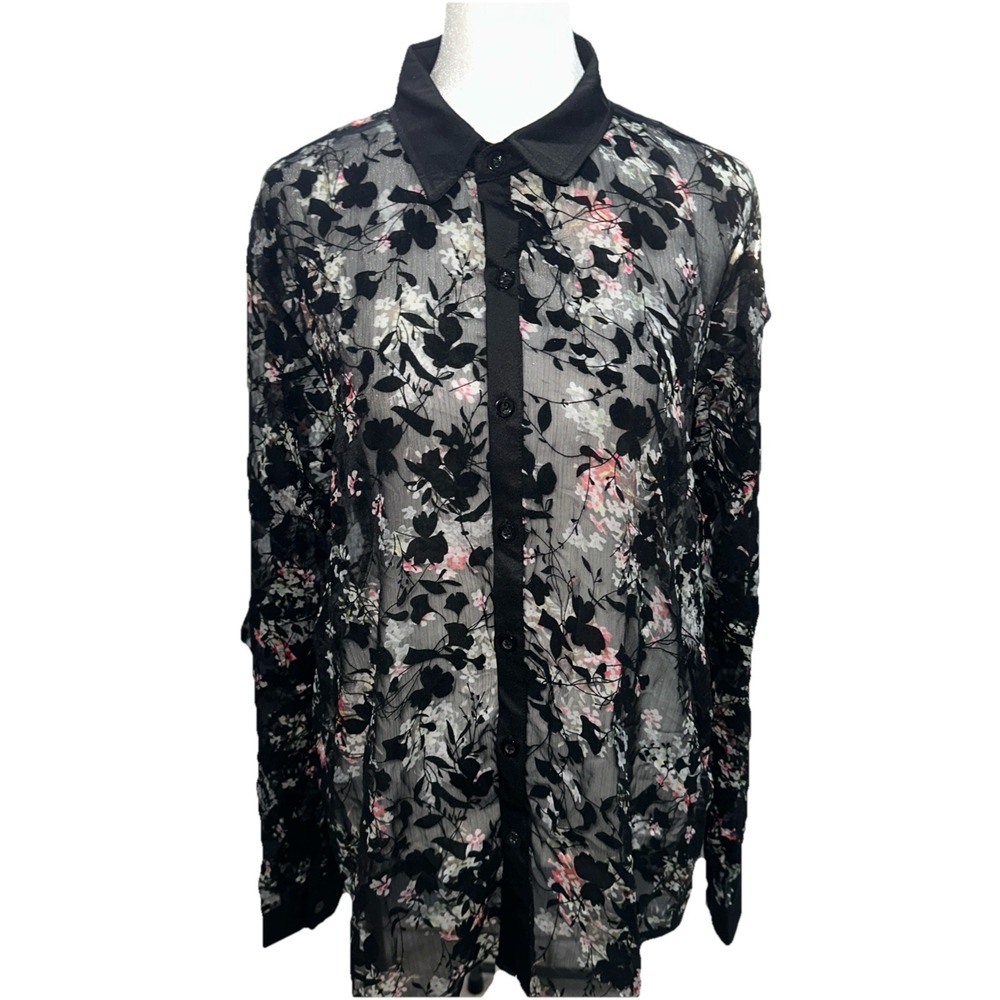 Jogal Women's Black Flower Print See Through Blouse SIZE M